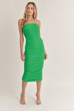 Load image into Gallery viewer, Color: Kelly Green Fitted/Bodycon fit Self: 90% polyester, 10% spandex; Lining: 100% polyester Model is 5&#39;5 and wearing a Small, Ruched, Midi dress, Classic Green, Strapless, Boned Bodice, Trendy, Summer, Sundress, Night Out
