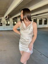 Load image into Gallery viewer, Satin Cowl Neck Asymmetrical Mini Short Dress Champagne Gold Ruched Sides Short Mini Length Cocktail Night Out
