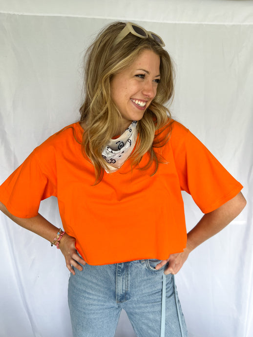 Color: Orange Cropped Stretchy Material Raw Edge Casual T Shirt Solid Color 95% Cotton, 5% Spandex 