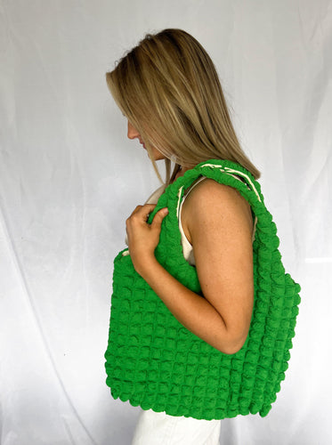 Tote Bag, textured scrunch material, available in classic green and ivory, summer tote