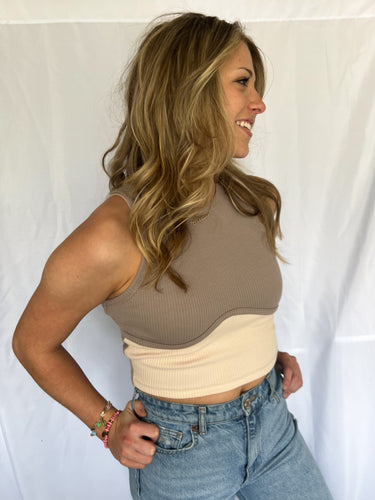 Color: Cream, Taupe Color Block Cropped 96% Cotton, 4% Polyester Model is 5'6 and wearing a Small, Flattering contour, neutral, minimalist, summer, trendy