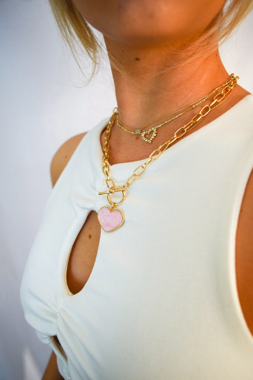 Gold Chain Heart Necklace Pink