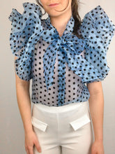 Load image into Gallery viewer, Blue Black Polka Dot Top Blouse Tie Bow Neck Button Down Sheer Fun Trendy Unique Tulle
