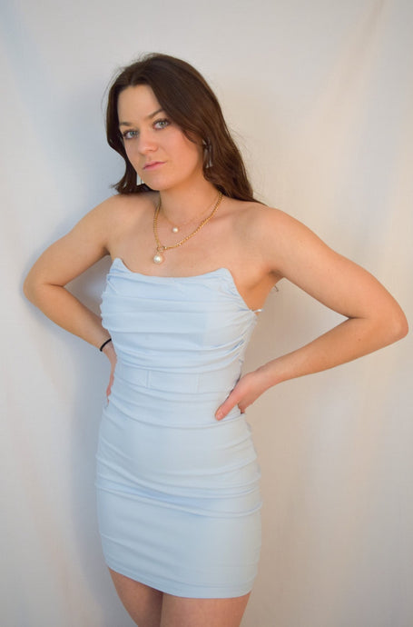 Baby blue mini dress boned corset style bodice bodycon fitted night out cocktail party dress